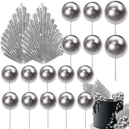 Xsstarmi 30 Pack Silver Paper Palm Fan Cake Topper With Balls Pick for Baby Shower, Wedding, Bridal Shower, Birthday Party DIY Cake Decorations Supplies