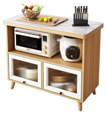 Armario de almacenamiento de cocina de madera rústica con encimera de piedra y puertas de cristal, aparador, buffet para estación de café y soporte de microondas, muebles organizadores estilo granja