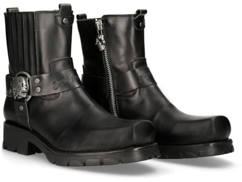 NEW ROCK Stivaletti motociclisti unisex M-7605C-C1 in pelle nera, suola in gomma naturale, tacco 5 cm, piattaforma 2 cm, chiusura con zip e fibbia, stile biker premium 41