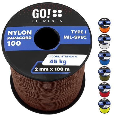 GO!elements Paracord 2mm Corde en Nylon résistant à la déchirure - Paracord 100 Type I Corde de Survie - supportant jusqu'à 45kg - 100 mètres