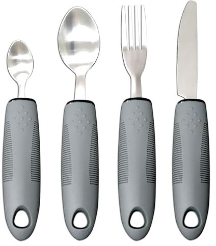 Easy Grip Cutlery - 4 Pcs Extra Wide Straight Handles Adaptive Cutlery Set,Grey Comfort Grips Chunky Handles,Dining Aids with Knife Fork Spoon for Elderly Disabled Arthritis Parkinson Disease Tremors