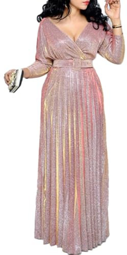 shownicer Abendkleid Damen Elegant Lang Plissee Langarm V-Ausschnitt Ballkleid Partykleid Cocktailkleid Maxikleid mit Gürtel A Rosa XXL