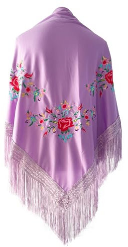 Mantón de Manila Mujer de Pico en Triángulo, Mantones de Flamenca Bordado en Flores, Mantoncillos de Flamenca de Flor (Lila)