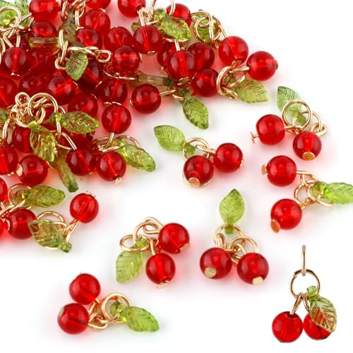 Gosknor 30pcs Breloques Cerises Rouges en Verre avec Boucle, Accessoires de Fabrication de Bijoux pour Bracelets Colliers et Boucles d'Oreilles