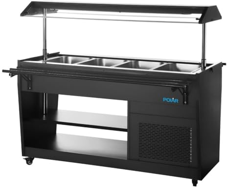 Polar G-Series Refrigerated Buffet Bar, 4 x 1/1 GN Capacity, Black | Castor-mounted for effortless mobility, with an integrated retractable sneeze guard and precise digital controls.
