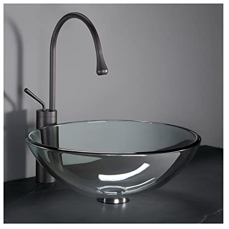 JYBNBBE Badezimmer-Waschbecken, 17 Graues Aufsatzwaschbecken-Set, Rundes Waschbecken Aus Gehärtetem Glas,A
