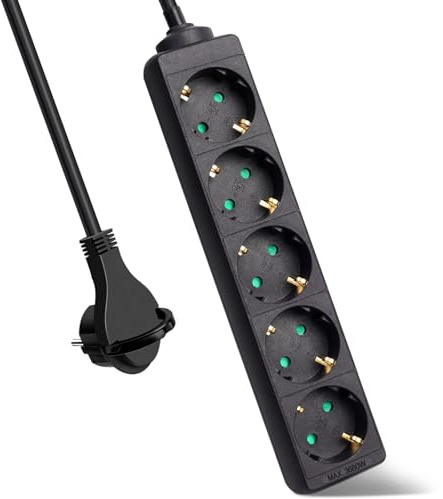 EXTRASTAR 5 Fach Steckdosenleiste Flachstecker mit Kindersicherung, Schwarz | 3m Kabel Mehrfachsteckdose Flacher Stecker 3G1.5mm² 16A/3680W für Büro und Zuhause