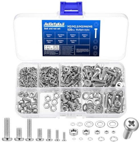 JiuXinYuKeJi 520 Pcs M2 M2.5 M3 M4 M5 Bolts and Nuts Set,Stainless Steel | Small Assorted Nuts and Bolts Assortment,Round Cross Pan Head Screws and Washers Set