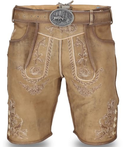 STEIGENHÖFER Lederhose Herren kurz - Vintage Trachtenlederhose Franz mit Gürtel - 100% Rindsleder Trachtenhose im Antik-Look - Echtlederhose für Oktoberfest & Volksfest