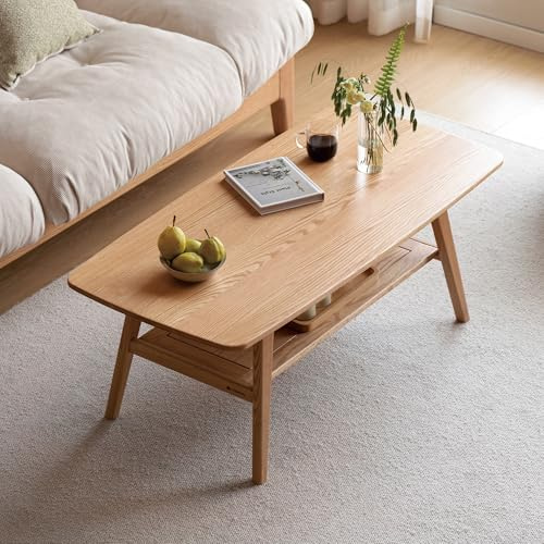 YESWOOD Solid Oak Coffee Table, Natural Wood Tone | With Shelf, Minimalist 2 Tier, Lower Shelf Storage, FAS Oak Furniture