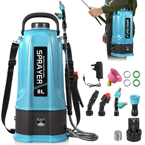 Sararoom Drucksprüher 8 Liter, Gartenspritze & Drucksprühgerät - 21V Akku Pumpsprühflasche | 3.Gang Elektrischer Pflanzensprüher mit 5 Düsen, Rückenspritze Sprühflasche für Garten&Auto,Unkrautspritze