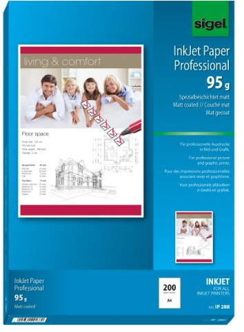 SIGEL IP288 InkJet-Papier Professional, A4, 200 Blatt, spezialbeschichtet matt, weiß, 95 g, für Präsentationen, Bewerbungen, Flyer