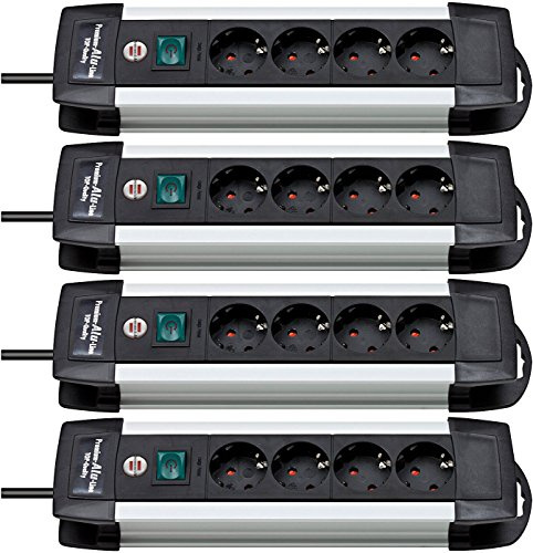4 Stück Brennenstuhl Premium-Alu-Line, Steckdosenleiste 4-fach - Steckerleiste aus hochwertigem Aluminium (mit Schalter und 1,8m Kabel) Farbe: schwarz