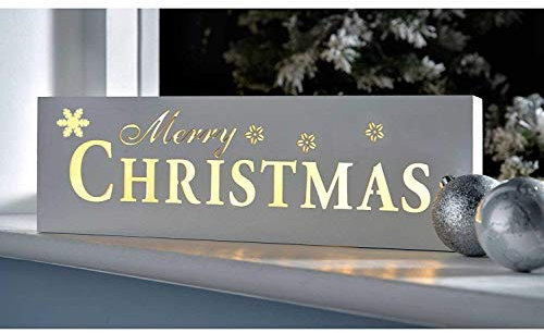 LED Lighted Merry X'mas Sign Decoration,Table Top Light, Window Top Light, Wall Light, 15 Inch Elegant White Wooden Lights, Battery Operated, By Masonanic