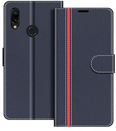 COODIO Custodia in Pelle per Xiaomi Redmi 7, Cover a Libro Magnetica Portafoglio per Xiaomi Redmi 7, Blu Scuro/Rosso