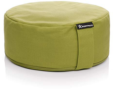 BODYMATE Cojín de Yoga Redondo | 31 cm diámetro 13 cm Alto | Relleno de cáscaras de Trigo sarraceno | Funda extragruesa y Lavable en Lavadora de algodón 100% | Cojín de meditación | Cojín de Asiento