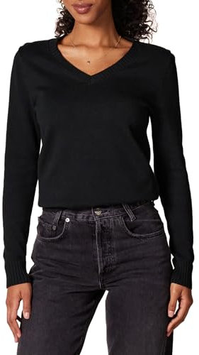 Amazon Essentials Jersey Ligero de Manga Larga con Cuello en V, 100% Algodón Mujer, Negro, M