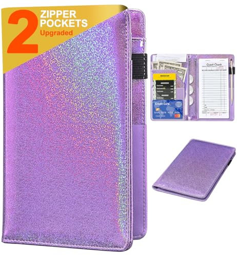 Server Books for Waitress - Portafoglio in pelle glitterata con tasca con cerniera, grazioso organizer per cameriere e cameriere con tasca per soldi, grembiule (glitter viola cipria)