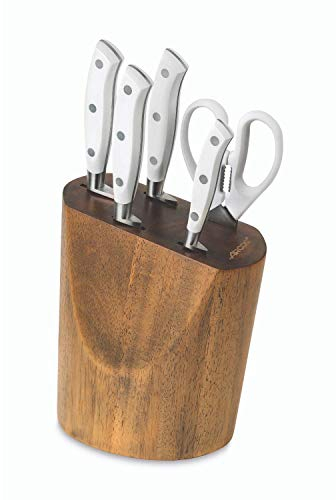 Arcos Set Cuchillos Forjados 5 piezas - Acero Inoxidable Nitrum. 3500 gr. Mango Ergonómico Polioximetileno POM. Serie Riviera Blanc. Hoja delgada con un Borde Suave característico. Color Blanco.