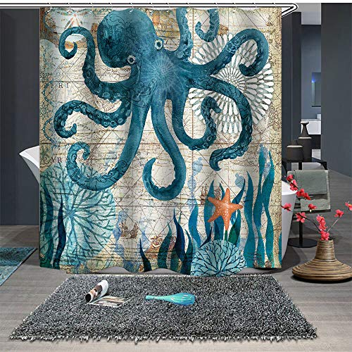 Chickw1 Anti-Schimmel & Wasserdicht Duschvorhang für Badezimmer, 3D Vintage Meerestiere Polyester Drucken mit 12 Duschvorhangringe Waschbar Duschvorhang (180x200cm,Krake)