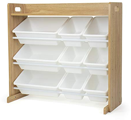 Humble Crew Cambridge Large Wooden Toy Shelf Storage Organiser for Children with 9 BPA Free Plastic Removeable Storage Bins, Ideal for Storing Toys, Games, Books and Craft Supplies- Natural Wood/White