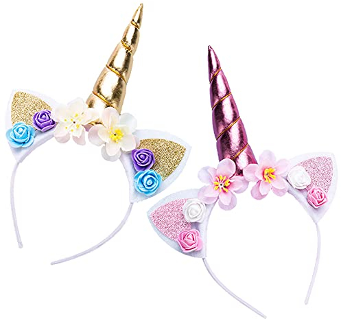 2 Stück Einhorn Haarreif für Kinder, Gold/rosa Einhorn Horn Stirnband mit Ohren und Blumen, Head Accessoires Party Dekoration für Mädchen