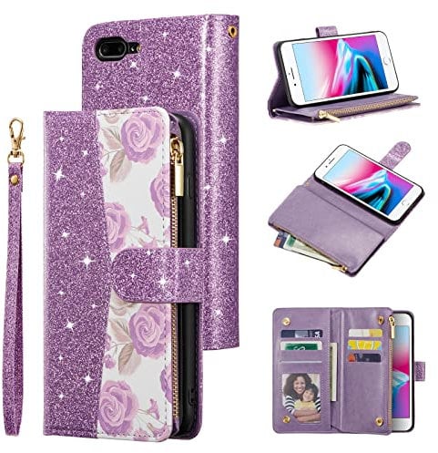 QLTYPRI Case for iPhone 7 Plus/8 Plus, Large Capacity Leather Wallet Case Card Slots & Zipper Pocket Kickstand Glittering Rose Design Protective Cover for iPhone 7 Plus/8 Plus - Purple
