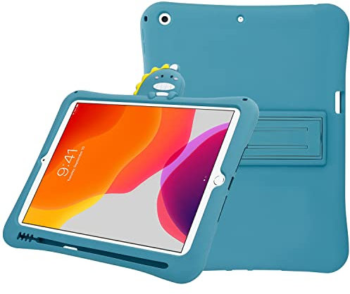 Cadorabo Estuche para Tableta Compatible con Apple iPad 7/8 (10.2 Pulgadas) - Diseño Dinosaurio No. 5 - Funda Protectora para niños Fabricada en Silicona TPU Flexible con función Stand