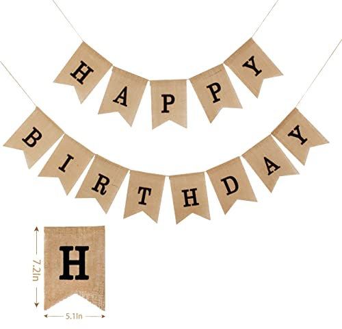 RIOO Burlap Happy Birthday Banner Burlap Banner Happy Birthday Sign for Men Women Birthday Sign Party Decorations, Black Letter(Small Size)