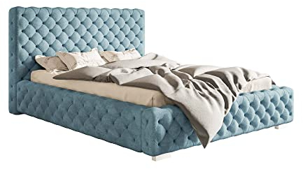 GRAINGOLD Polsterbett Agis mit verstärktem Rahmen und großem Bettkasten, Chromfüße - reich verziert - eleganter Chesterfield-Stil - 140x200 cm