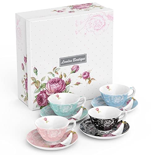 London Boutique Teetasse und Untertasse, 1 Nachmittagstee-Set, Knochenporzellan, Vintage-Geschenkbox, 200 m (je 1 Farbe)