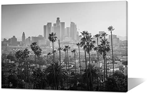 Los Angeles Skyline Wandkunst Leinwand Dekor, Kalifornien Stadtbild für Wand, Druck Gemälde Schwarz und Weiß Stadtbild Poster mit Rahmen, Büro, Zuhause, Dekoration, fertig zum Aufhängen (61x40.6 cm)