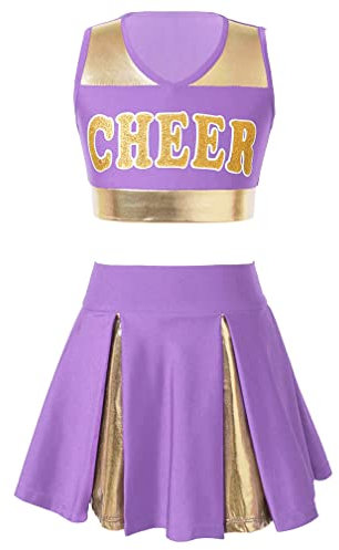 MSemis Cheer leader Kostüm Kinder Mädchen Cheerleading Uniform Cheerleadingkleid/Ärmellos Crop Top mit Minirock Halloween Tanzkostüm B-1 Lavendel 134-140