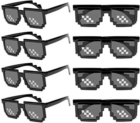 WEDNOK 8 Paare Thug Life Sonnenbrille Pixel Mosaik Brille MLG Brille Spielzeug Pixelbrille Unisex Party Brillen für Männer Frauen Karneval Fasching Cosplay Party Zubehör Halloween JGA Geburtstag