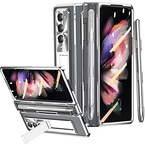 Miimall Coque pour Samsung Galaxy Z Fold 3 avec S Pen, [Porte Stylet] [Béquille] [Protection d'écran Avant HD] [Protections de Charnière] Étui Transparente Ultra-Mince pour Galaxy Z Fold 3 (Argent)