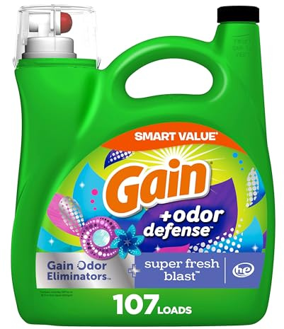 Gain + Odor Defense Liquid Laundry Detergent, Super Fresh Blast Scent, 107 Loads, HE Compatible Washing Soap (Packaging May Vary)