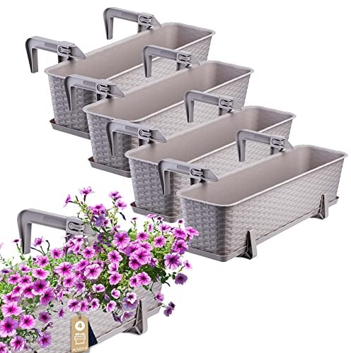 KADAX Lot de 4 jardinières 60 cm en Plastique avec Supports de Fixation – Bacs à Fleurs rectangulaires pour Balcon, Pots résistants pour Plantes et Herbes aromatiques (Caramel)