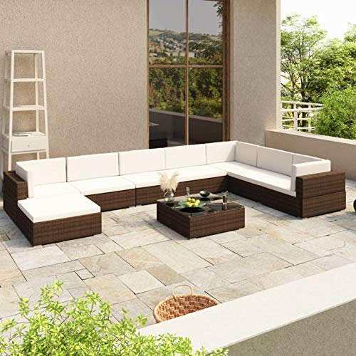 Homgoday Gartenmöbel Set 8-TLG. Garten Lounge-Set mit Auflagen Gartensofa Rattansofa Lounge Sitzgruppe Sofagarnitur Gartenlounge Mittelsofa Ecksofa Poly Rattan Braun und Cremeweiß
