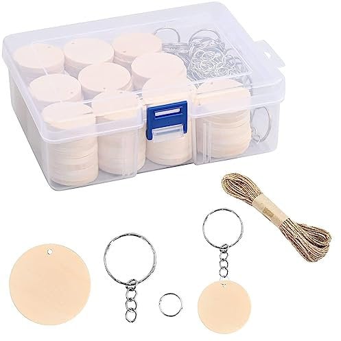 100 Pcs Wooden Keyring Blanks Circles Set,35mm Unfinished Wooden Hanging Tags with 100 Pcs Keychain Keyrings for DIY Crafts Christmas Decorations Ornaments Wedding Decoration