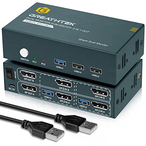 GREATHTEK USB3.0 Displayport KVM Switch 2 Monitore 2 Port, 4K@60Hz KVM Switch Displayport, DP1.2, KVM Switch 2 PC 2 Monitore mit 2 DP und 2 USB Kabeln, Button Switch