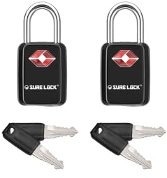 SURE LOCK TSA Approved Luggage Locks - One Key Opens All, Compact & Durable Zinc Alloy Travel Lock with Steel Shackle, Keyed Alike (Black 2 Locks, Mini Size for Suitcase/Backpack/Gym Locker)