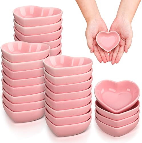 Dandat 24 mini ciotole in ceramica a forma di cuore per salsa di soia, piccoli piattini, graziosi piatti multiuso per condimenti, snack, ketchup, sushi, antipasti (rosa)