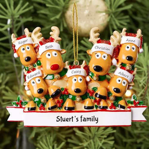 Bemaystar Personalised Christmas Baubles 2024 - Custom Family of 2,3,4,5,6,7,8 Deer Baubles for Christmas Trees, Xmas Gifts for Mom Dad Family Kids - Family of 7