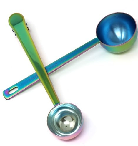 yueton 1Set Rainbow Coffee Scoop 1 Tablespoon 2 Tablespoon Stainless Steel Long Handles Round Measuring Coffee Spoons with Clip for Coffee Bean Tea Powder Baking