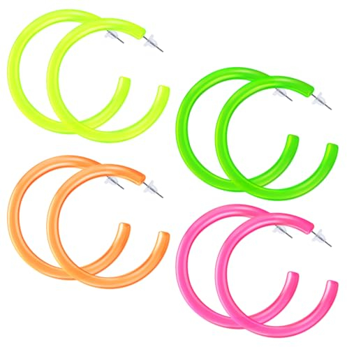 Telooco 4 Paar Neon Ohrringe Damen 80er Jahre Vintage Ohrringe Mädchen Bunte Neon Creolen Acryl Runde Große Hoop Earrings für 80er 90er Mottoparty Kostümparty Zubehör