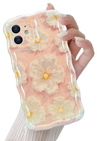 QLTYPRI Compatible with iPhone 12 Case, Oil Painting Floral Flower Pattern Design for Girls Women, Cute Curly Wave Frame Slim Soft Silicone TPU Bumper Shockproof Phone Cover for iPhone 12 - Pink #2