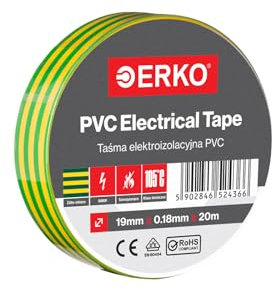 ERKO Isolierband PVC Gelbgrün 19mm x 20m, Elektrische Leitungen Reparatur, Hochflexibel mit starker Klebekraft, Chemiebeständig, Polyvinyl Chlorid, Klebeband Universal
