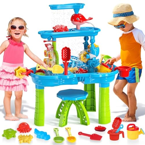 deAO Wasserspieltisch für Kinder, 3-Tier Sand Wassertisch für Kleinkinder, Sand- und Wassertisch Outdoor Spielzeug mit 13 Stück Zubehör, Wasserkocher, Eimer, Sandform, Schaufel für Kinder 3-8 Jahre