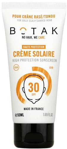 Crème Solaire BOTAK SPF30 Pour Crâne Rasé/Tondu/Chauve | Végan, Français | Haute Protection UV | 0 trace blanche | Non grasse | Waterproof | Anti-sêcheresse | Régule pH et microbiote | 50mL
