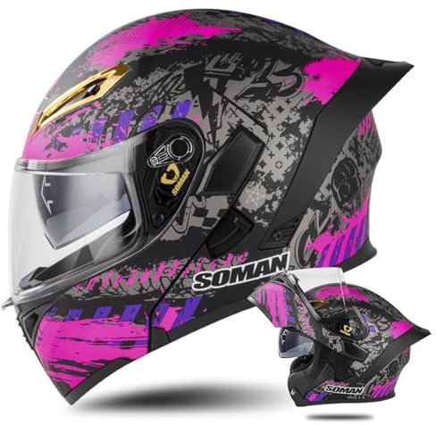 ZXJDP Klapphelm Integral-Motorradhelm, DOT/ECE-zugelassener Vollvisierhelm Integralhelm Cooler Leichter Roller Helm Jet Helm Mopedhelm für Männer Frauen Unisex,Black pink,XXL